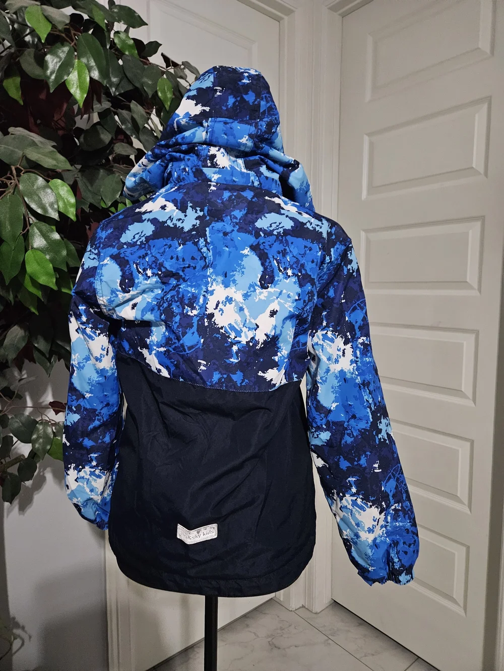 Kids Blue Camo Rain Jacket with Neon Accent Hood